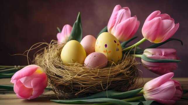 Colorful Festive Easter eggs with tulips on Easter Celebration background