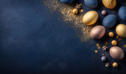 Fototapeta na wymiar Blue and golden festive Painted Easter eggs with golden glitter on Blue background
