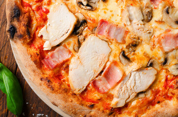 Chicken, Bacon, Mushroom Pizza on Wooden Background, Stone Baked Pizza