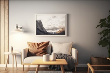A living room with a couch and a coffee table with a painting of mountains on it.