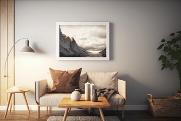 A picture on a wall shows a mountain scene.