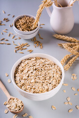 A plate with dry oatmeal and ears of oats on a gray background. Vertical view