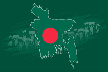 Protestors Behind Bangladesh Map, A Beautiful National Design with Red & Green Colors. Commemorating the Dark Story of 1971 & Suitable for Many National Holidays.