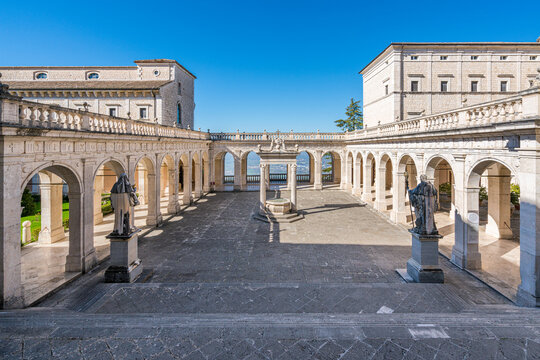 The marvelous cloister of Montecassino Abbey on a sunny morning, Lazio, Italy.
