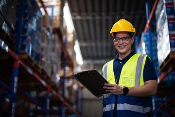 Asian male worker wearing Hard Hat with clipboard Checks Stock and Inventory in the Retail Warehouse.