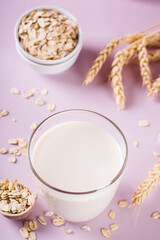 Obraz na płótnie Canvas A glass of fresh oat milk and oatmeal. Vegan dairy-free organic drink. Vertical view