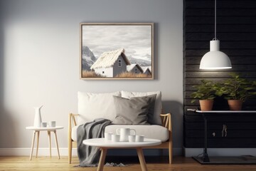A painting of a house with mountains in the background.