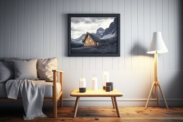 A painting on a wall shows a house in the mountains.