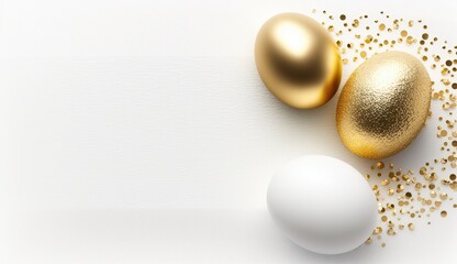 white and golden festive Painted Easter eggs with golden glitter on white background