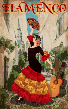 Flamenco dancer woman with guitar, spanish city card, vector illustration
