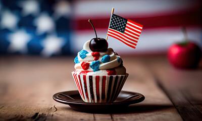 Holiday American Flag Day, Cupcake with a cherry and an American flag, generative AI