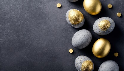 Fototapeta premium grey and golden Festive Painted Easter eggs with golden glitter on grey background