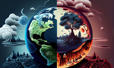 Illustration showing climate change on earth, Globe, landscape and disasters, generative AI