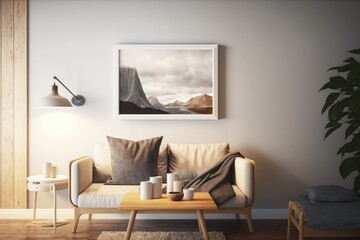 A picture on a wall shows a landscape and a couch with a white frame
