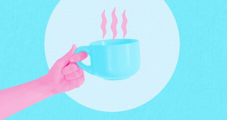 Modern loop photo collage animation. Hand holding coffee cup. Morning, breakfast, office work concept