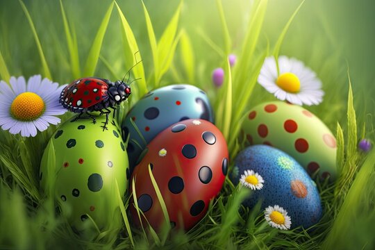 Bunch of Easter Eggs with flowers and ladybug on Spring background