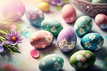 Obraz na płótnie Canvas Bunch of Easter Eggs with flowers festive background for decorative design