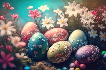 Fototapeta na wymiar Bunch of Easter Eggs with flowersfestive background for decorative design