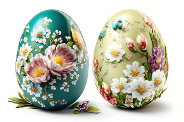 Bunch of Easter Eggs with flowers isolated on white background
