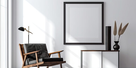 Mock up frame in home interior background, white room with natural wooden furniture, 3d render, generative ai
