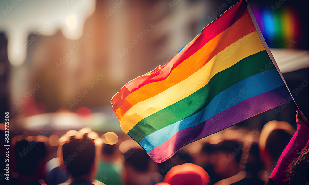 Wall mural Rainbow flag over the crowd at the LGBT parade, selective focus, generative AI