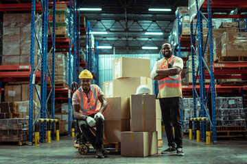 Two African American warehouse workers showing teamwork and partnership. teamwork at warehouse storage department.