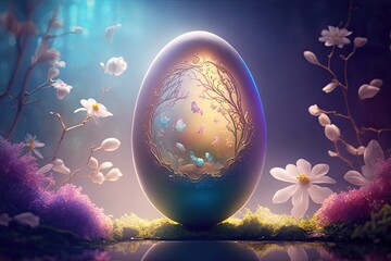 Fantasy Spectral Easter Egg in Fantasy Fairy Mist Background with flowers festive background for decorative design