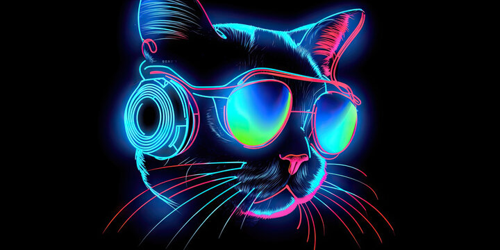 Cool neon party dj cat in headphones and sunglasses, generative ai