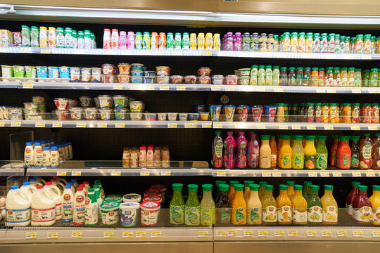 DOHA, QATAR - CIRCA MARCH, 2023: various food products displayed at Lulu Express convenience store seen in the Doha Metro station.