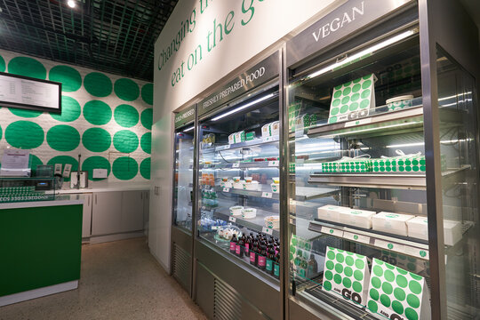 DOHA, QATAR - CIRCA MARCH, 2023: Green and Go, a takeaway style restaurant, offers pre-packaged prepared foods and drinks for grab and go seen at the Doha Metro station