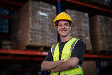 Caucasian male warehouse worker in warehouse distribution center environment.