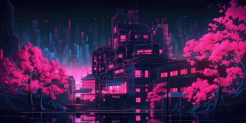 Fantasy Japanese night view city cityscape, neon pink light, residential buildings, big Sakura tree. Night urban anime fantasy setting downtown background. 3D illustration, generative ai