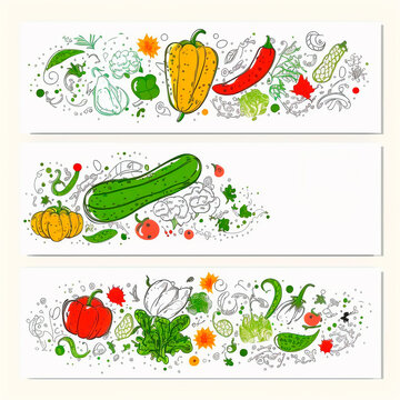 Abstract illustration of vegetables. Posters for the kitchen. Original images of vegetables. Tomatoes, cucumbers, pumpkins, eggplants, peppers. Generative AI