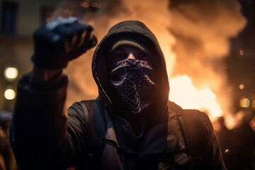 violent protester wearing a hood, rising his fist, agressive dynamic pose, riot violence and fire in the background. generative AI - obrazy, fototapety, plakaty