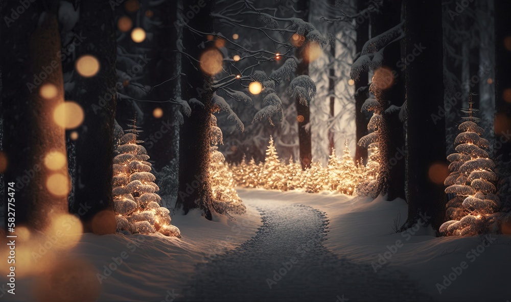 Poster a path through a snowy forest with lights on the trees and snow covered ground in the foreground, an