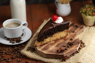 individual cake slice with coffee and milk