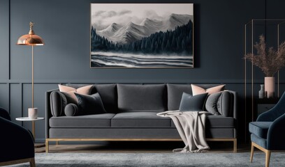A living room with a blue wall and a grey sofa with a snowy landscape in the background