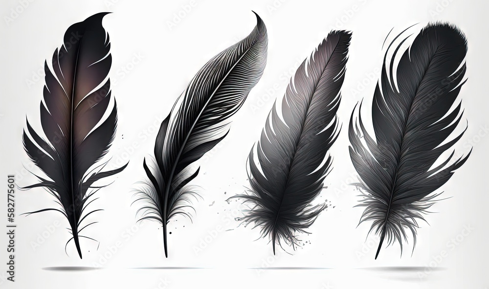 Poster a set of three black feathers with different shapes and sizes on a white background with a shadow of