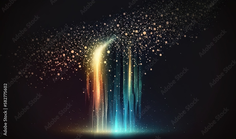 Poster an abstract background with a rainbow of colored lines and stars in the dark sky, with a black backg