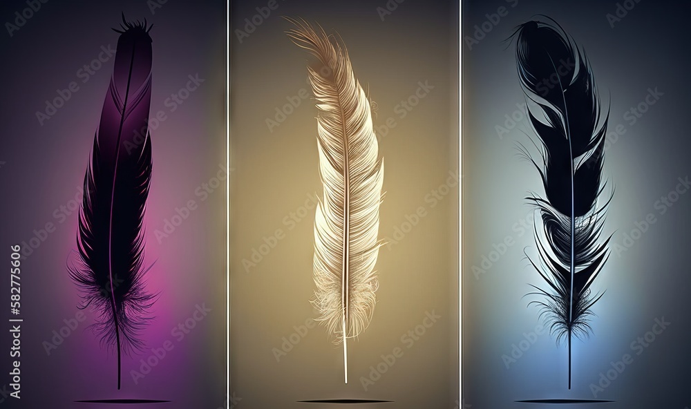 Poster three different types of feathers on a black and purple background with a blue and pink background a