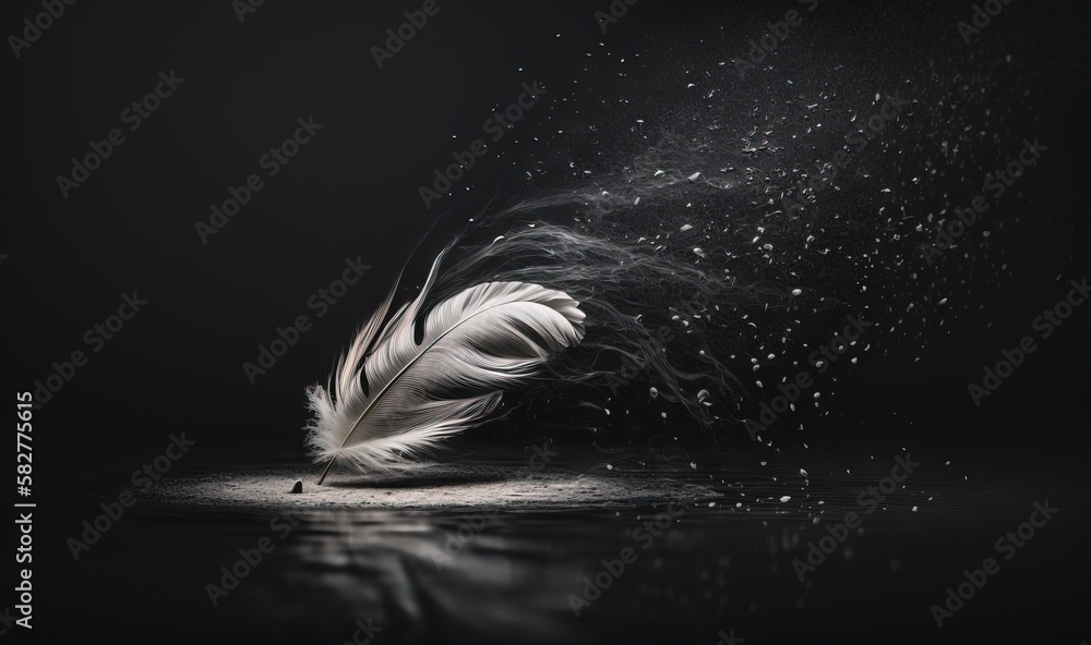 Poster a white feather floating on top of a body of water next to a black background with drops of water on