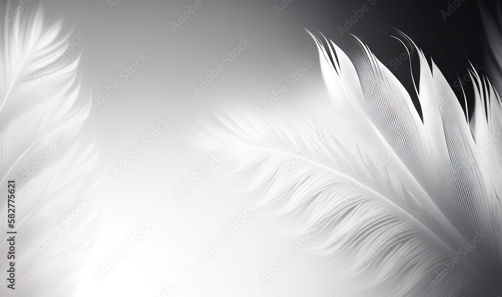 Poster a close up of a white feather on a black and white background with space for a text or a picture to 