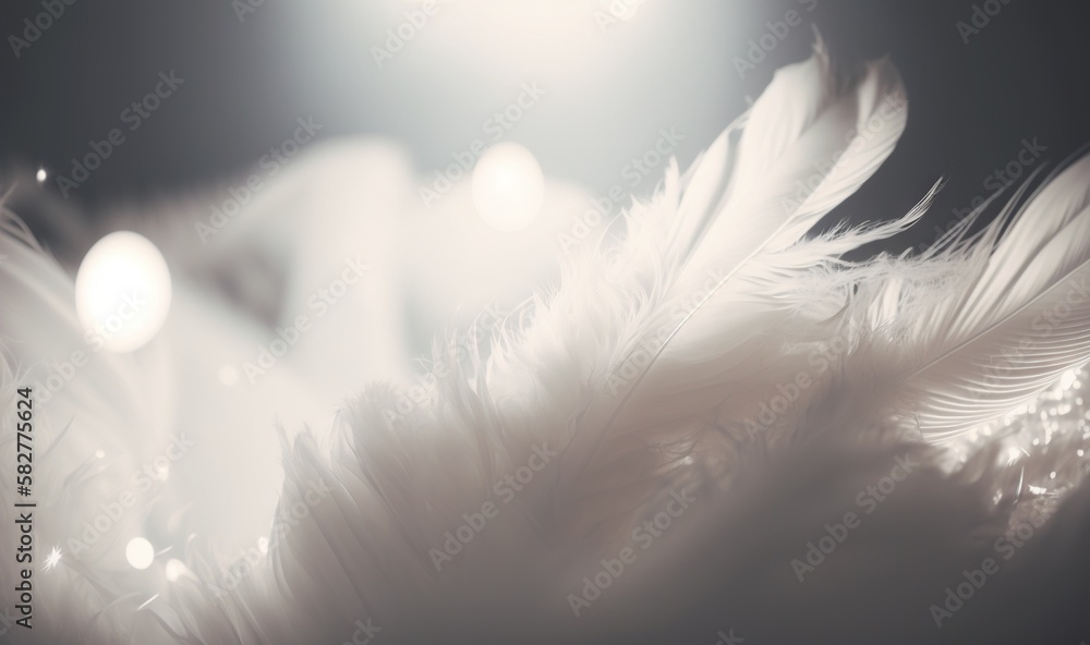 Poster a close up of a white feather on a black background with a light shining in the background and a blu