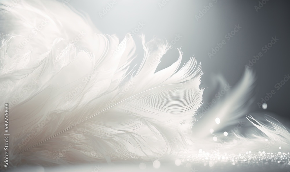 Poster a close up of a white feather on a black and white background with a blurry light in the middle of t