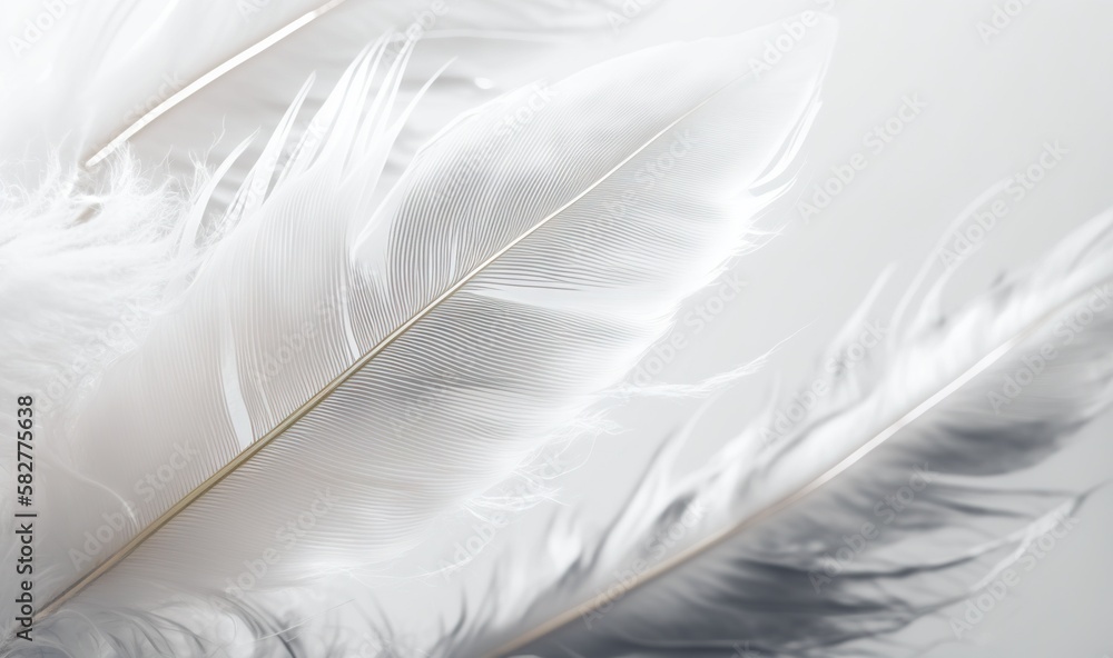 Poster a close up of a white feather on a gray background with a blurry background of the feathers and the 