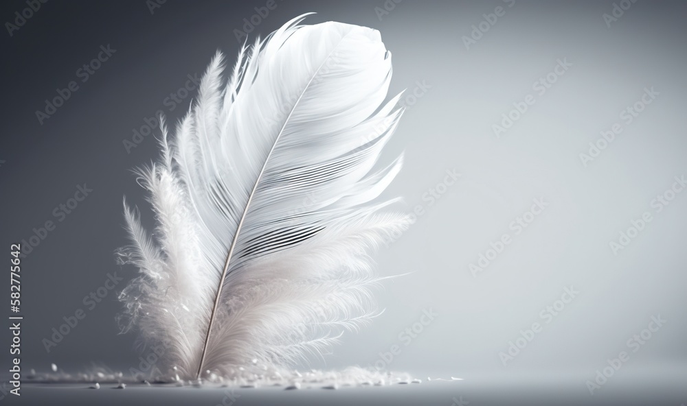 Poster a white feather on a table with a gray background and a reflection of the feather on the table and t