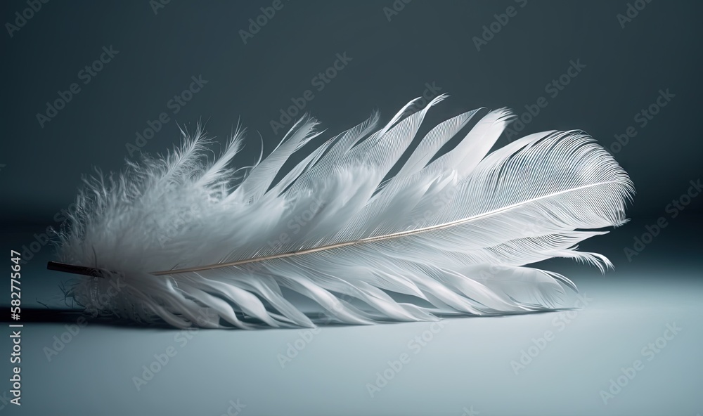 Poster a white feather is laying on a blue surface with a shadow on the floor and a black background behind