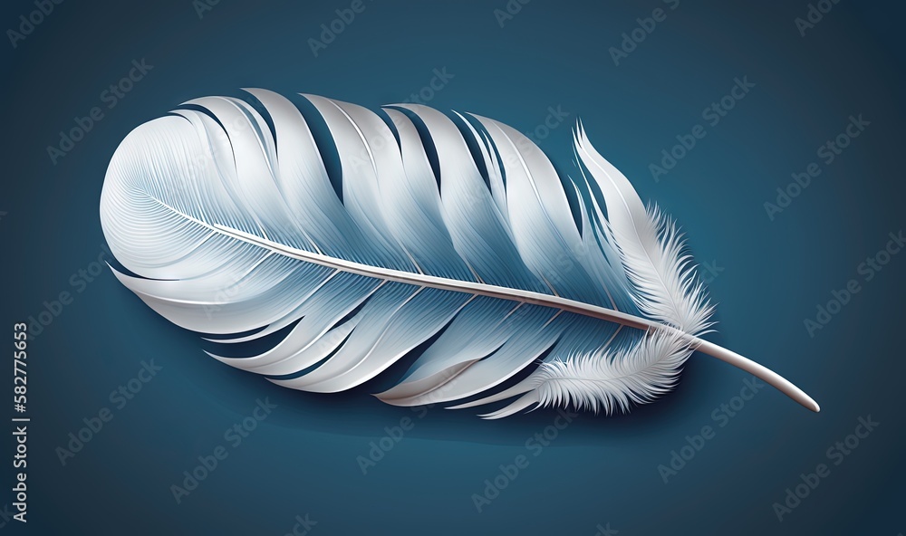 Poster a white feather on a blue background with a long tail and a long tail, with a shadow on the side of 