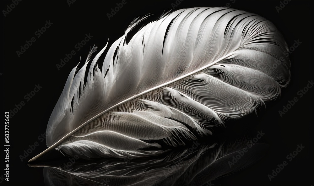 Poster a white feather on a black background with a reflection of the feather on the floor in the middle of