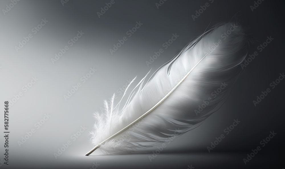 Poster a white feather on a black and white background with a soft light reflection of the feather on the l